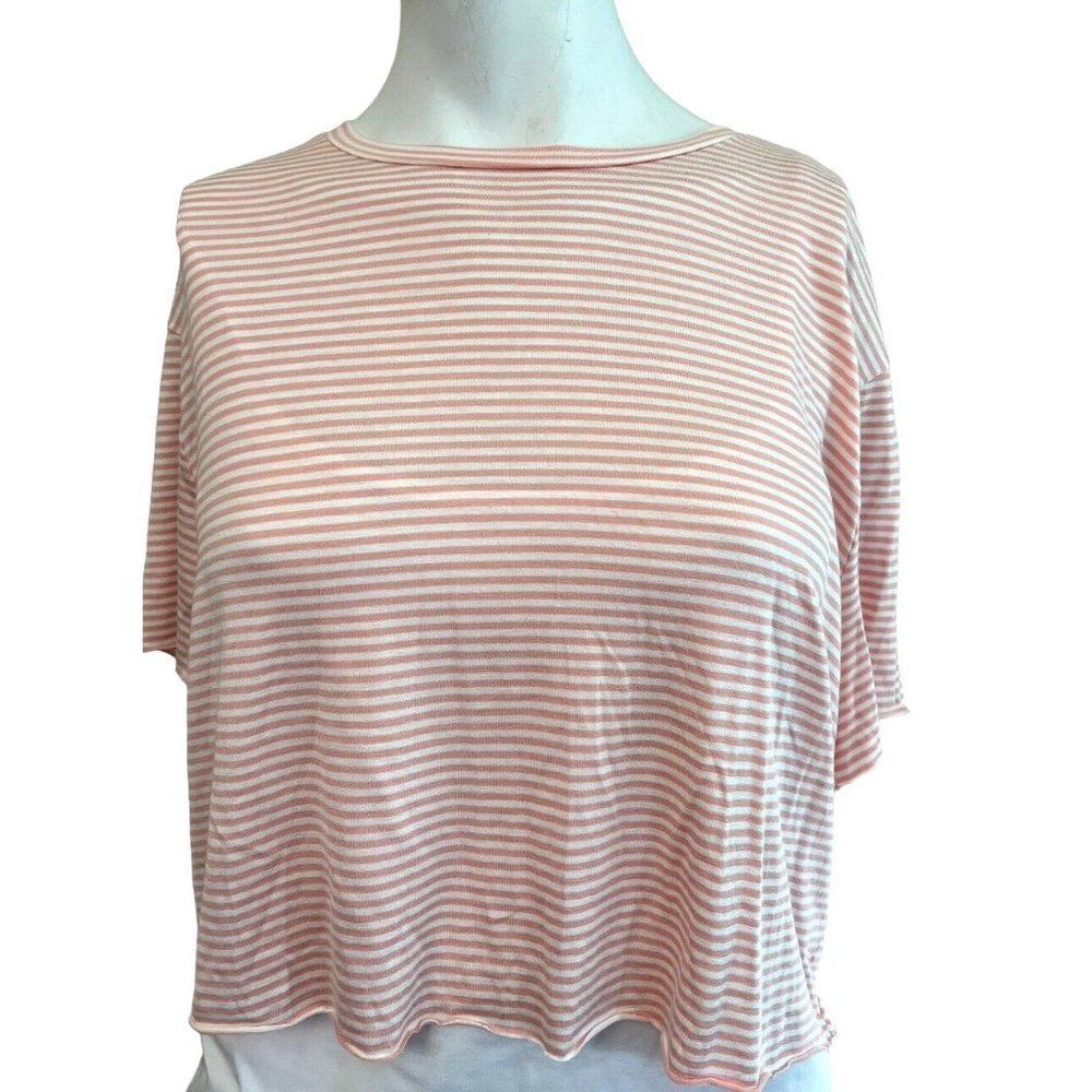 Antistar Ladies Large Peach White Striped Soft Crop Top Short Sleeve T Shirt NWT